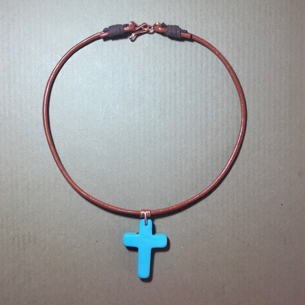 16” Turquoise Howlite Cross Leather  Necklace - Picture 4 of 6
